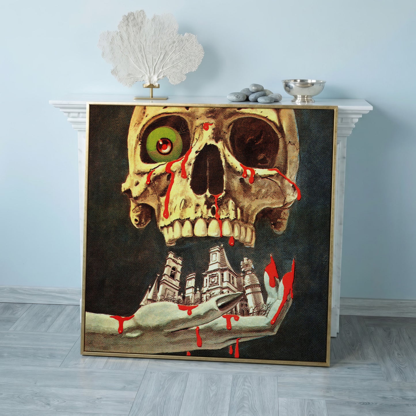 Bloody Skull Retro Horror Canvas in rose gold floating frame