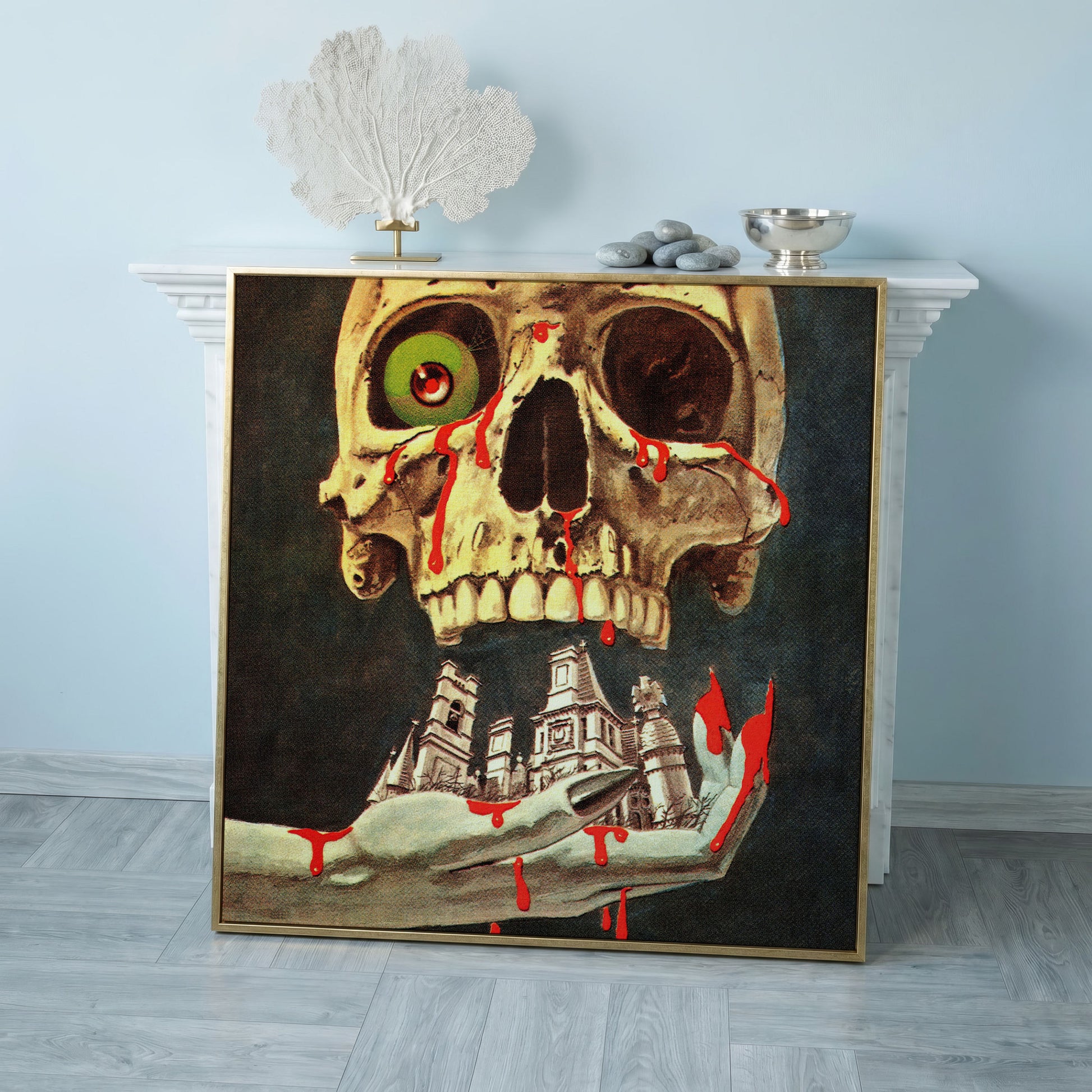 Bloody Skull Retro Horror Canvas in rose gold floating frame