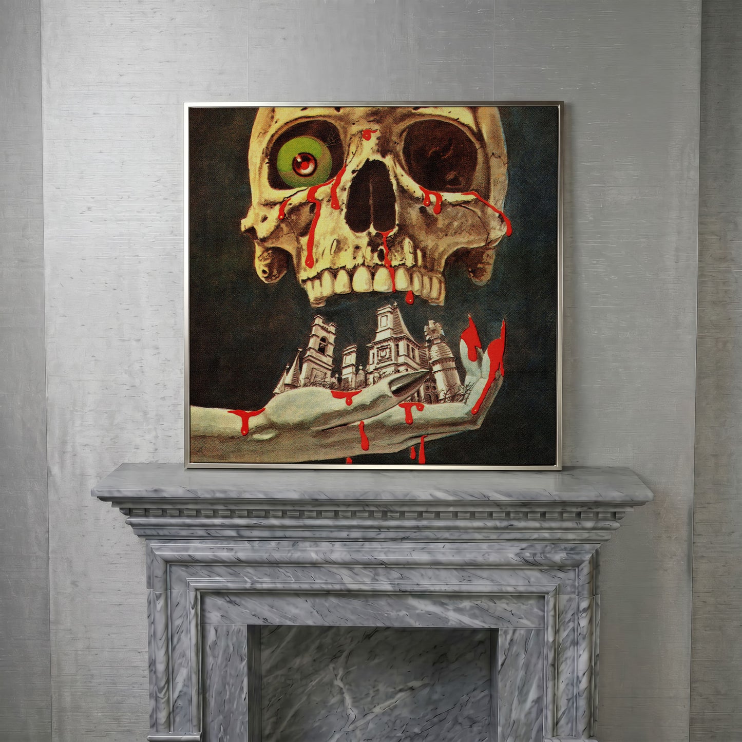 Bloody Skull Retro Horror Canvas in silver floating frame