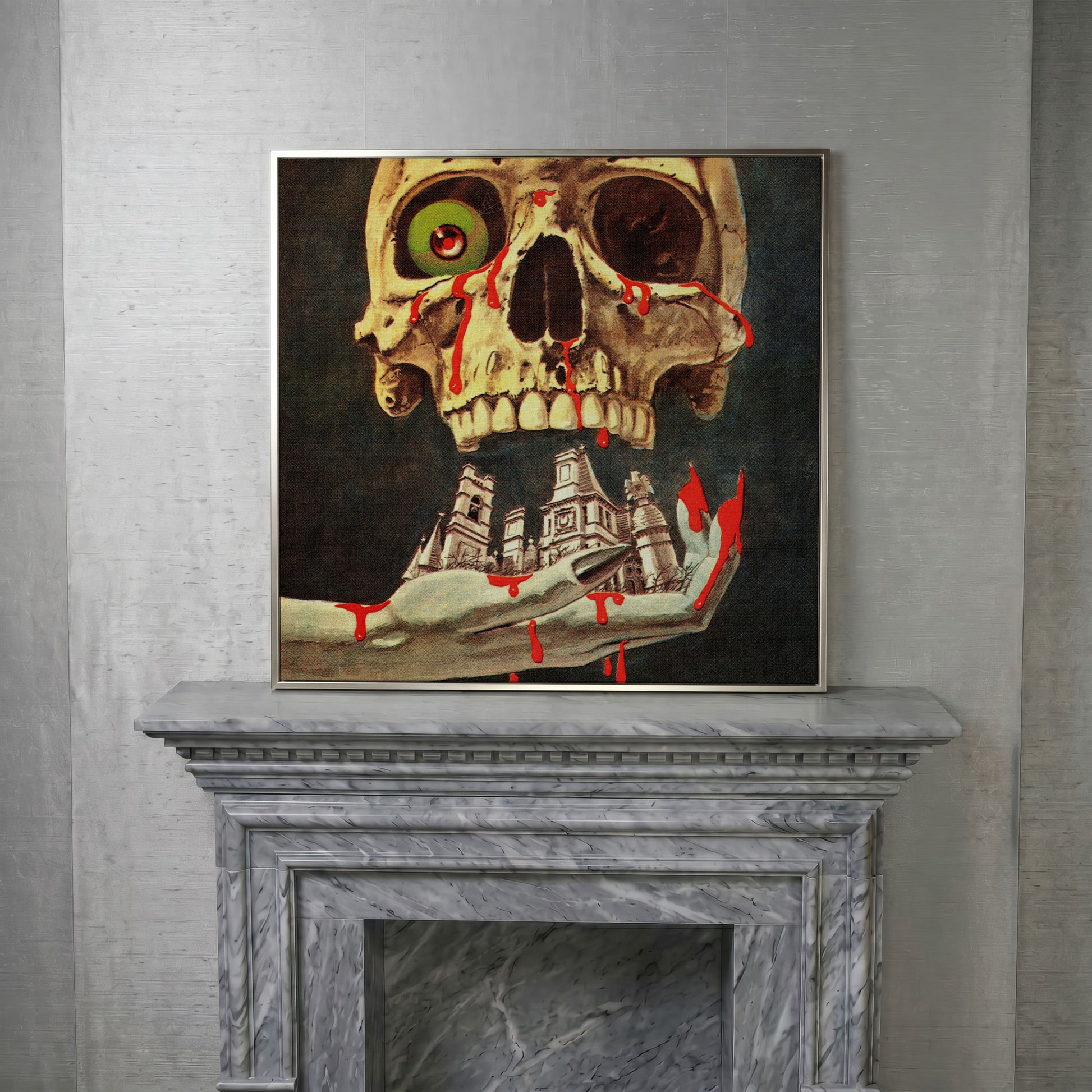 Bloody Skull Retro Horror Canvas in silver floating frame