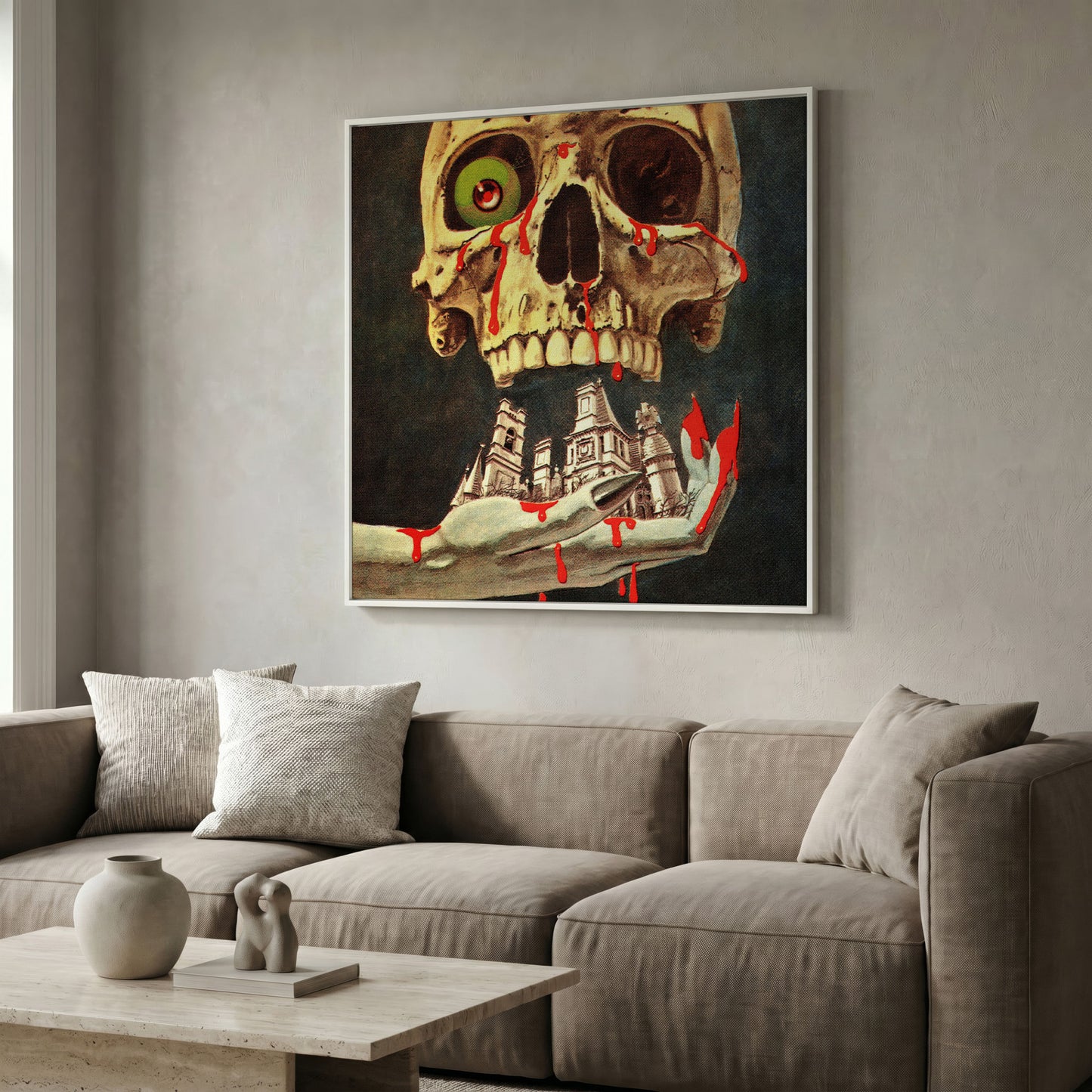 Bloody Skull Retro Horror Canvas in white floating frame