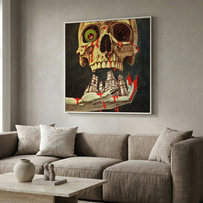 Bloody Skull Retro Horror Canvas in white floating frame
