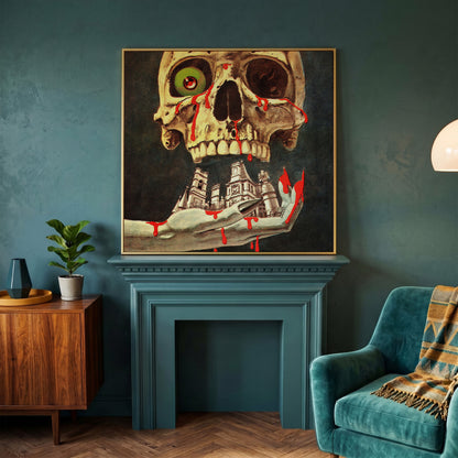 Bloody Skull Retro Horror Canvas in yellow gold floating frame