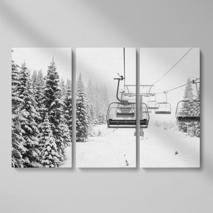 Ski Lift in Snow Canvas Print, Black and White as 3-panel split version