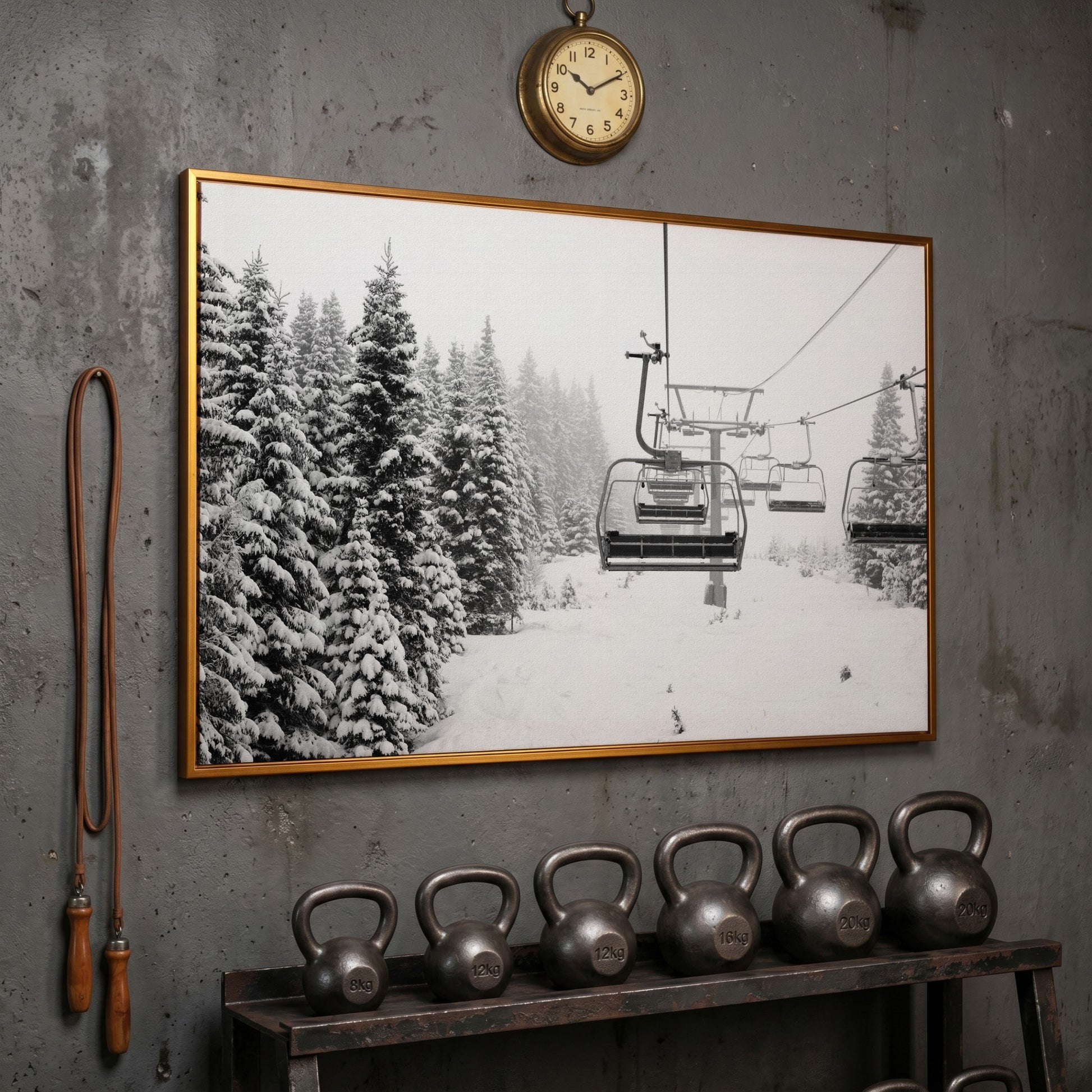 Ski Lift in Snow Canvas Print, Black and White in antique gold floating frame
