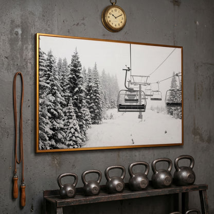 Ski Lift in Snow Canvas Print, Black and White in antique gold floating frame