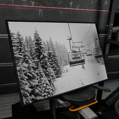 Ski Lift in Snow Canvas Print, Black and White in black floating frame