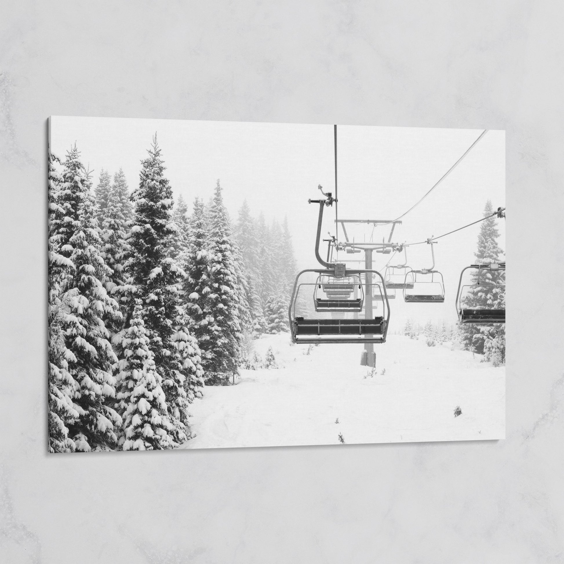 Ski Lift in Snow Canvas Print, Black and White on gallery wrap