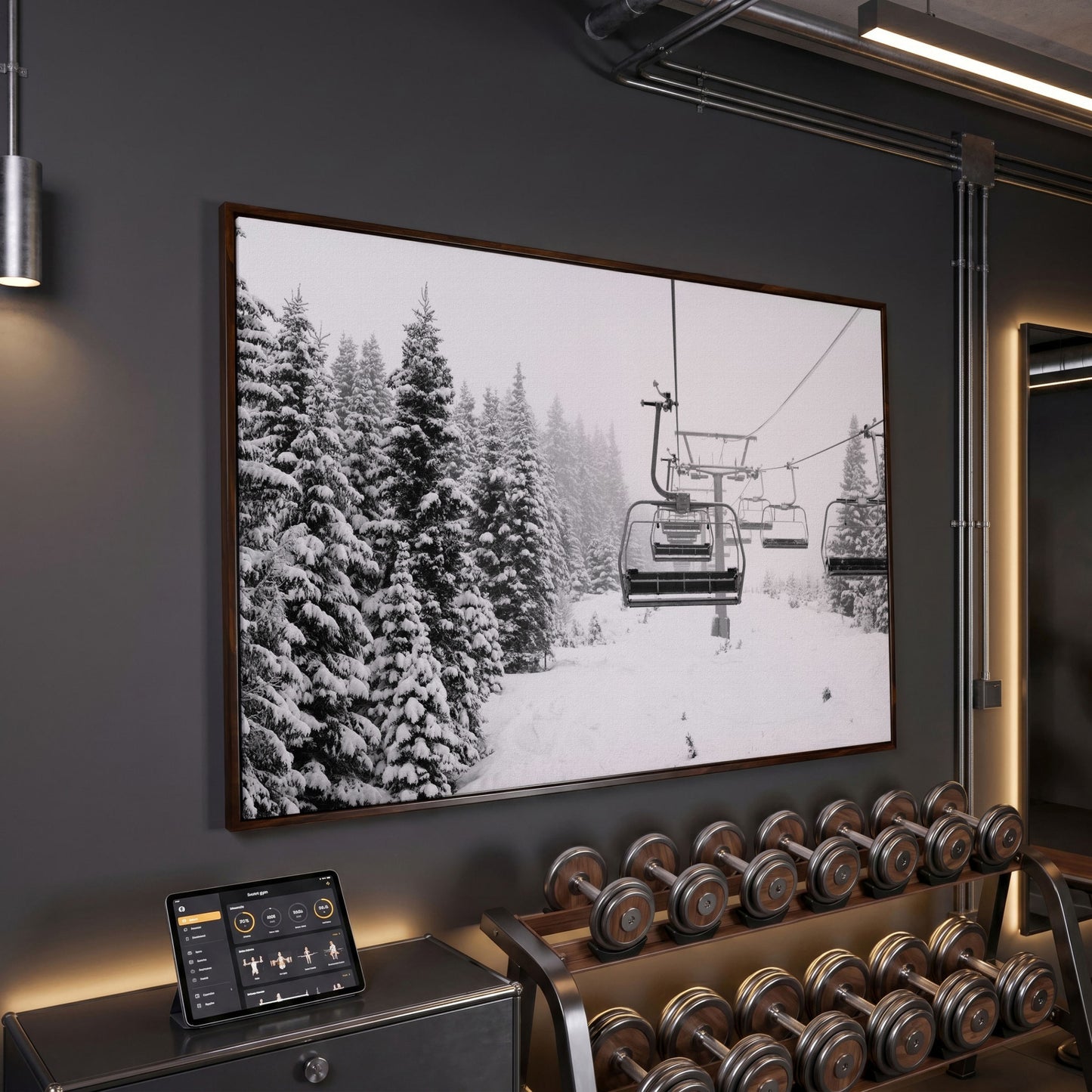 Ski Lift in Snow Canvas Print, Black and White in dark walnut floating frame
