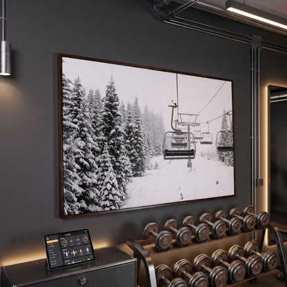 Ski Lift in Snow Canvas Print, Black and White in dark walnut floating frame