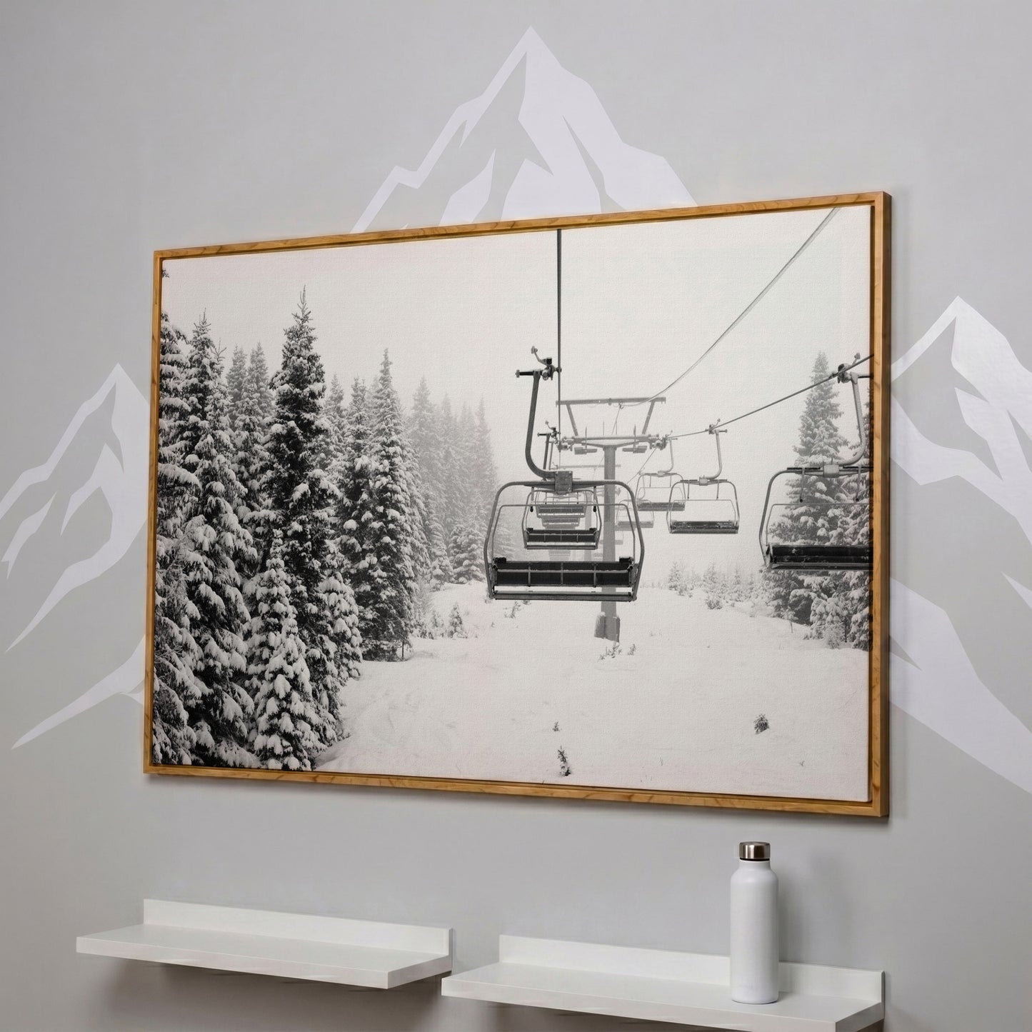 Ski Lift in Snow Canvas Print, Black and White in white oak floating frame
