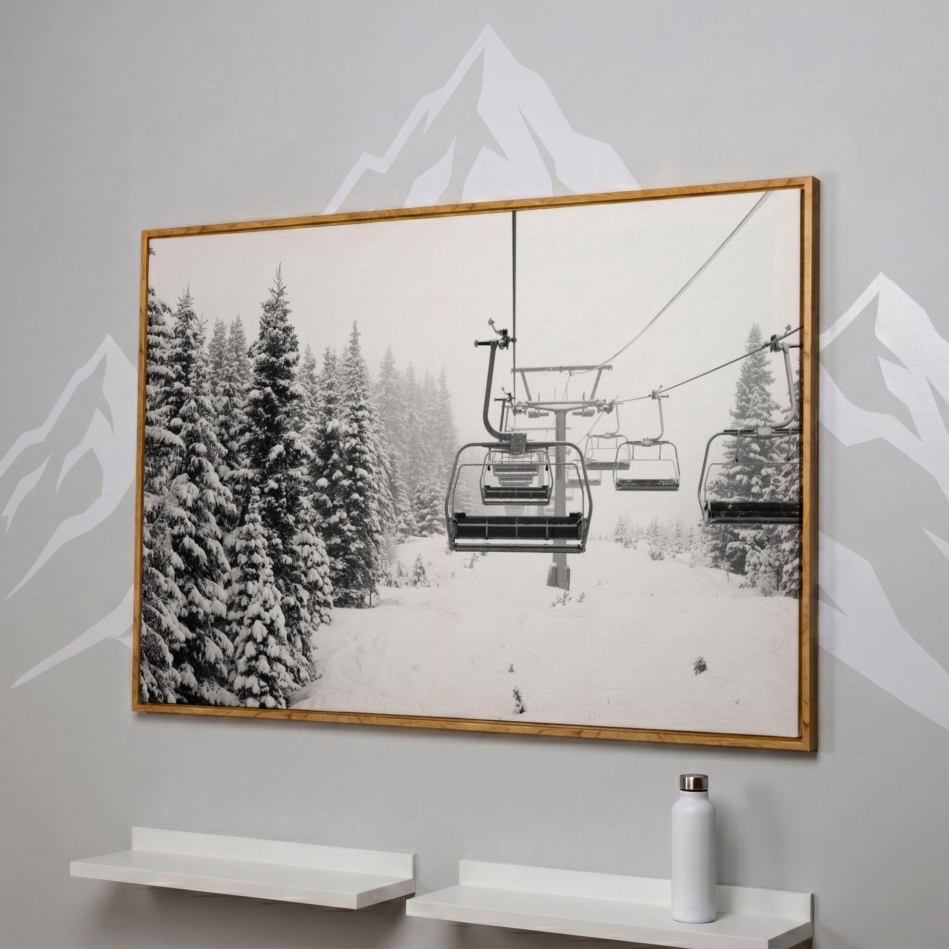 Ski Lift in Snow Canvas Print, Black and White in white oak floating frame