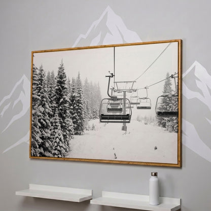Ski Lift in Snow Canvas Print, Black and White in white oak floating frame