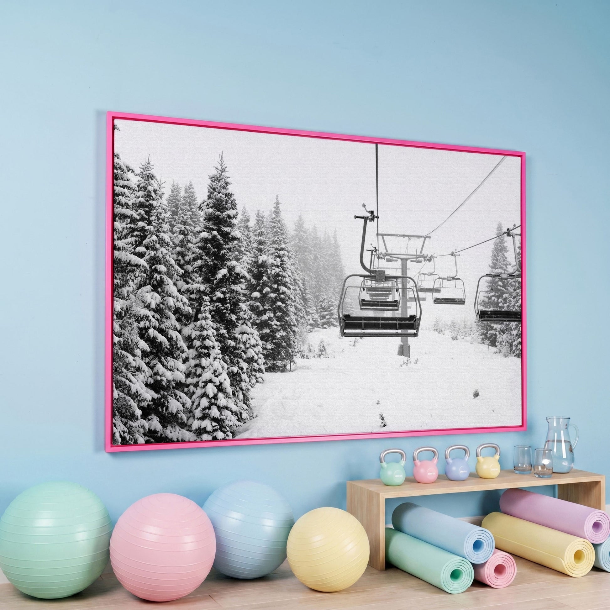 Ski Lift in Snow Canvas Print, Black and White in pink floating frame