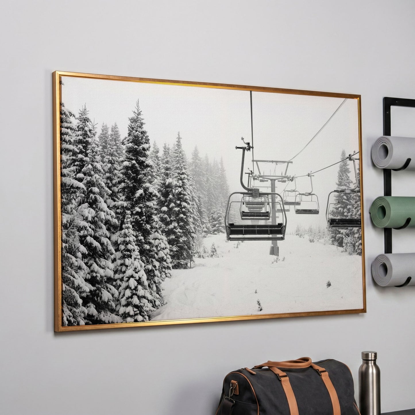 Ski Lift in Snow Canvas Print, Black and White in rose gold floating frame