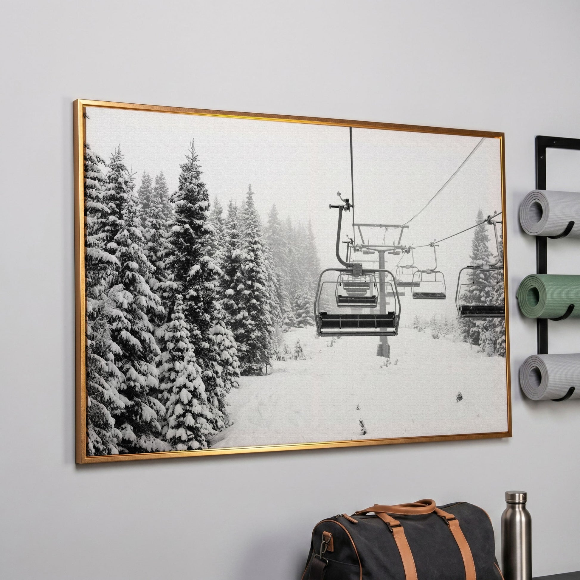 Ski Lift in Snow Canvas Print, Black and White in rose gold floating frame