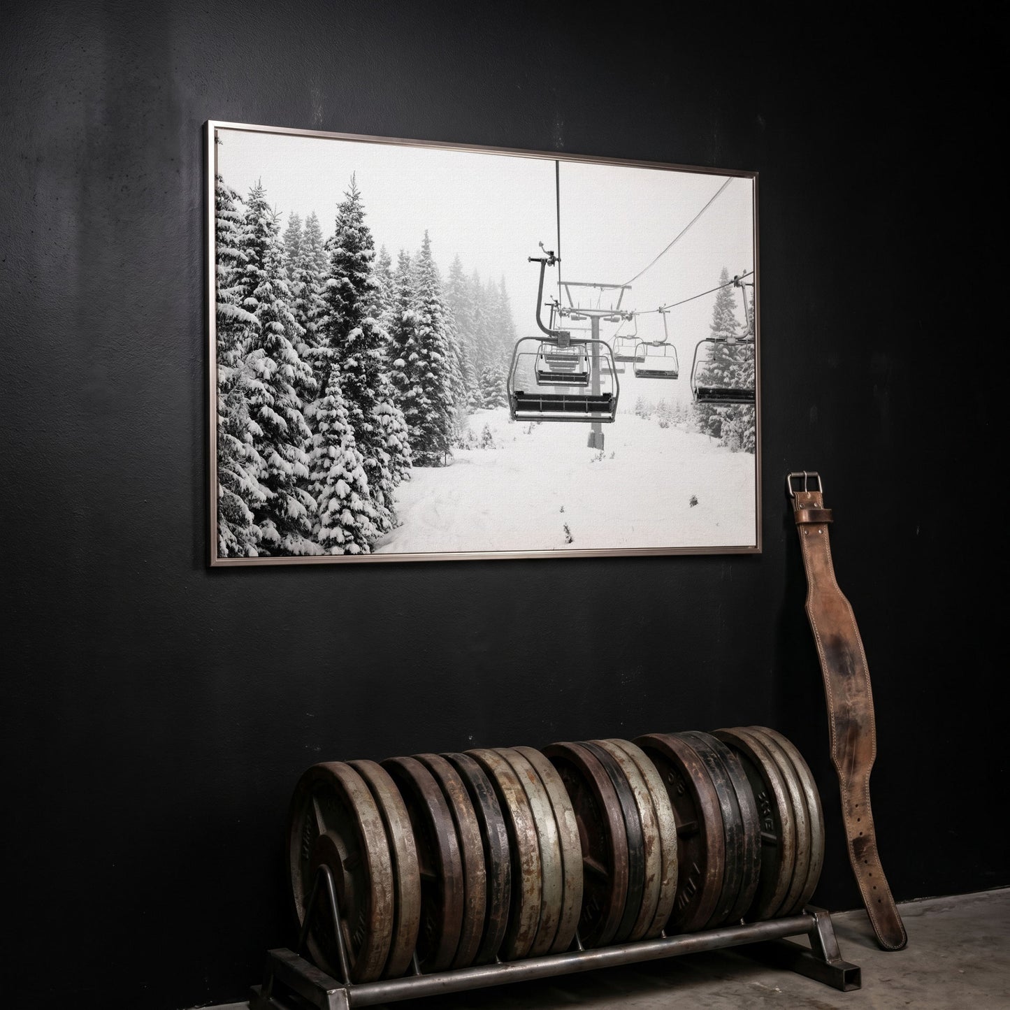 Ski Lift in Snow Canvas Print, Black and White in silver floating frame
