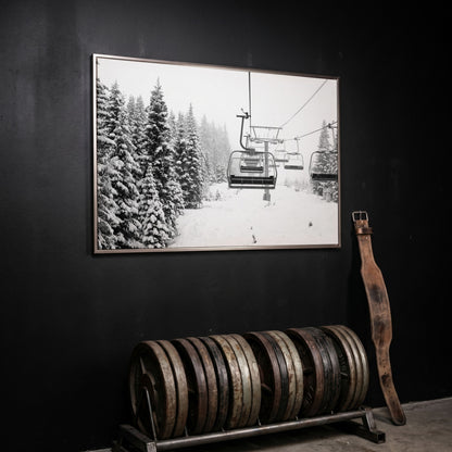Ski Lift in Snow Canvas Print, Black and White in silver floating frame