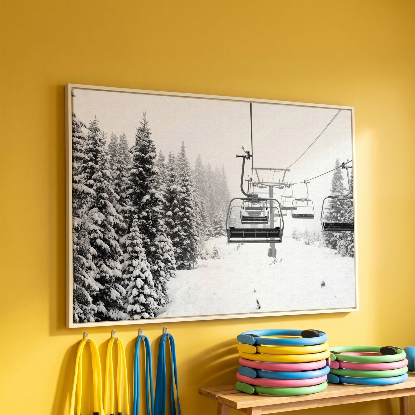 Ski Lift in Snow Canvas Print, Black and White in white floating frame