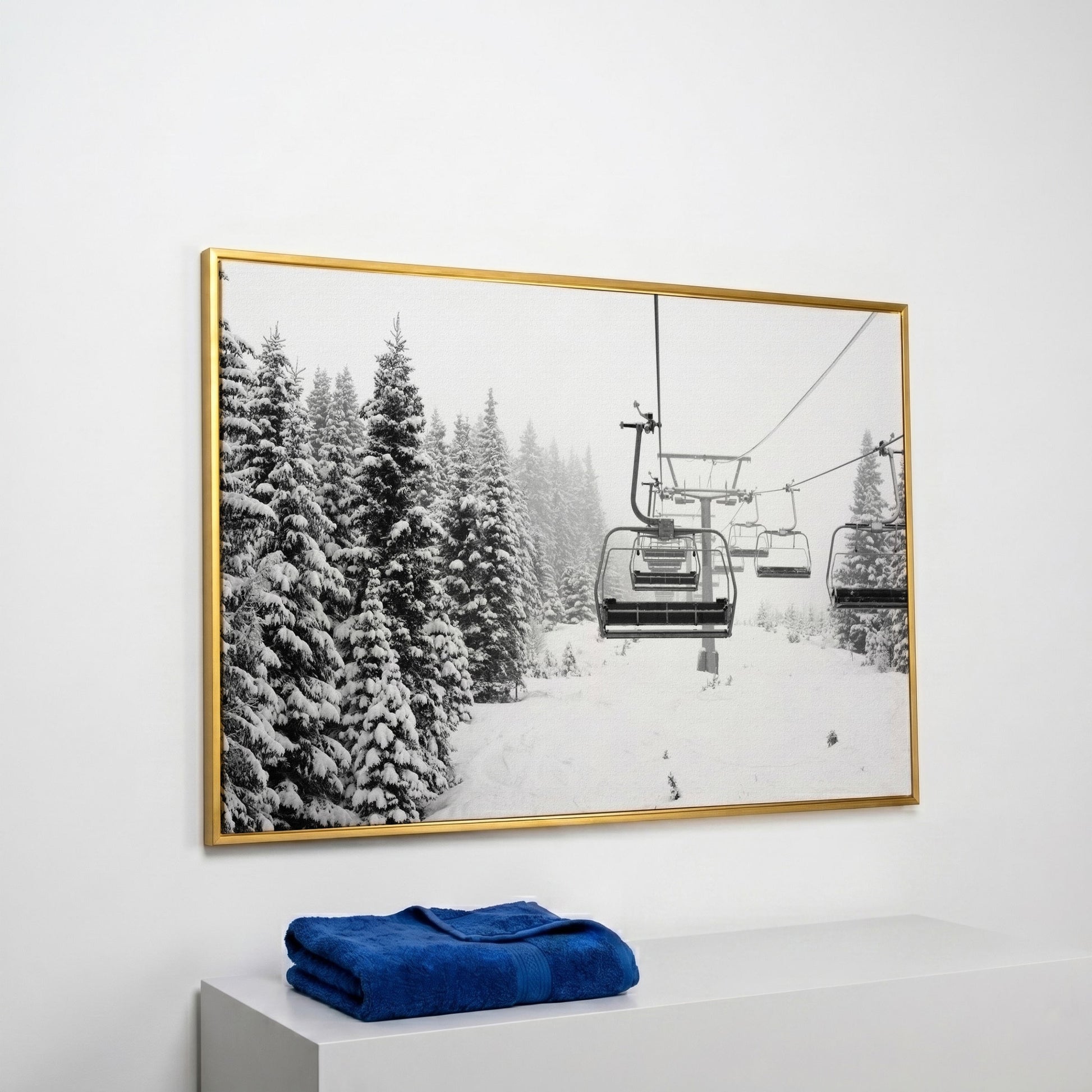 Ski Lift in Snow Canvas Print, Black and White in yellow gold floating frame