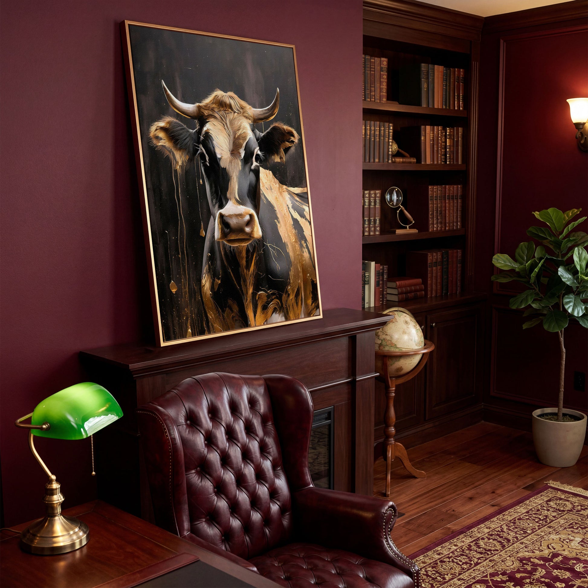 Gold Cow Portrait Canvas | Modern Abstract Animal Art in antique gold floating frame