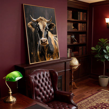 Gold Cow Portrait Canvas | Modern Abstract Animal Art in antique gold floating frame