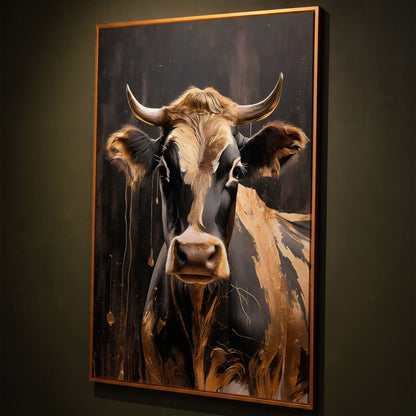 Gold Cow Portrait Canvas | Modern Abstract Animal Art shown in antique gold floating frame