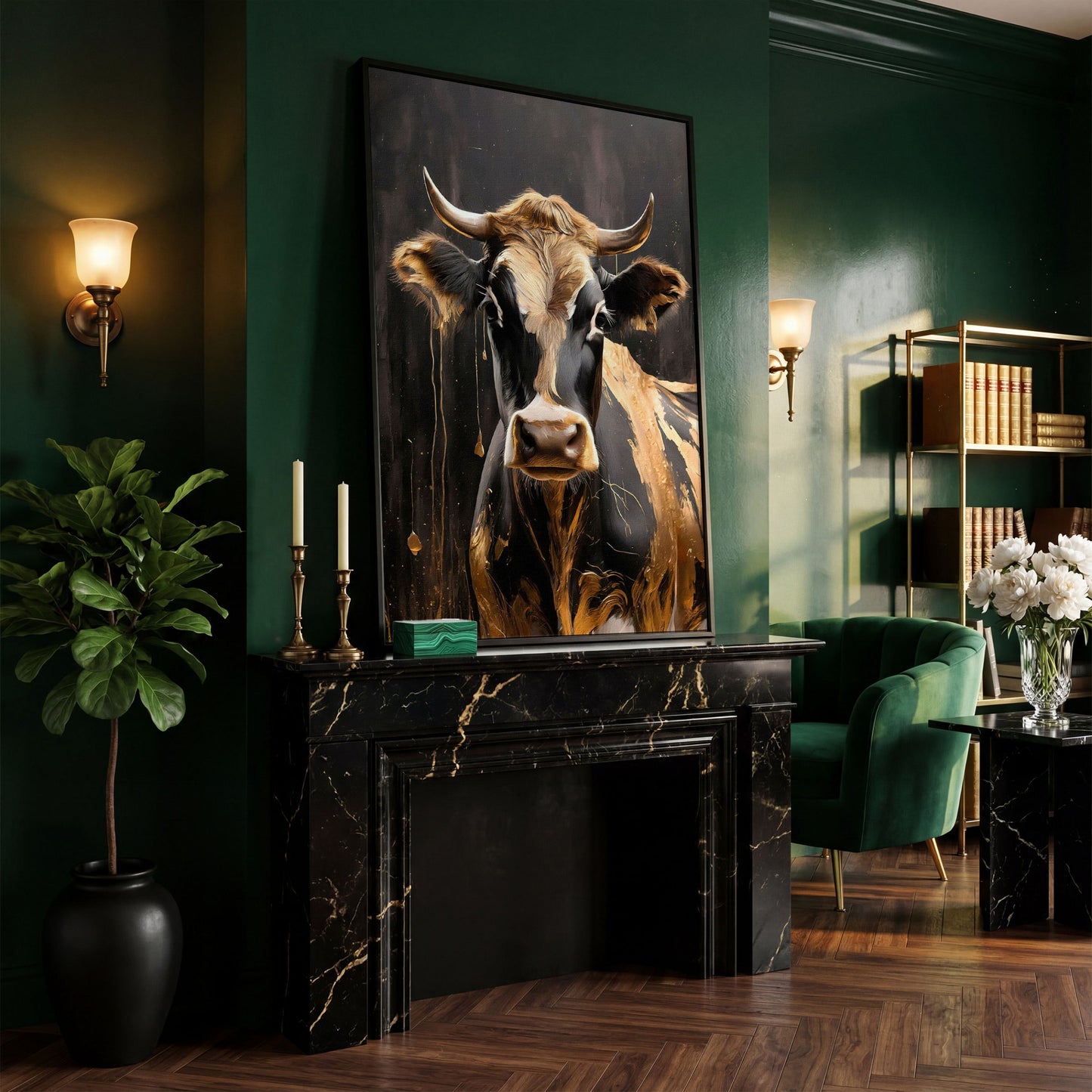 Gold Cow Portrait Canvas | Modern Abstract Animal Art in black floating frame
