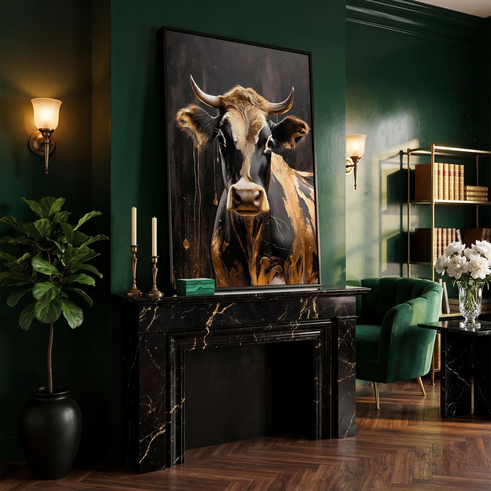 Gold Cow Portrait Canvas | Modern Abstract Animal Art in black floating frame