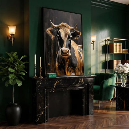 Gold Cow Portrait Canvas | Modern Abstract Animal Art in black floating frame