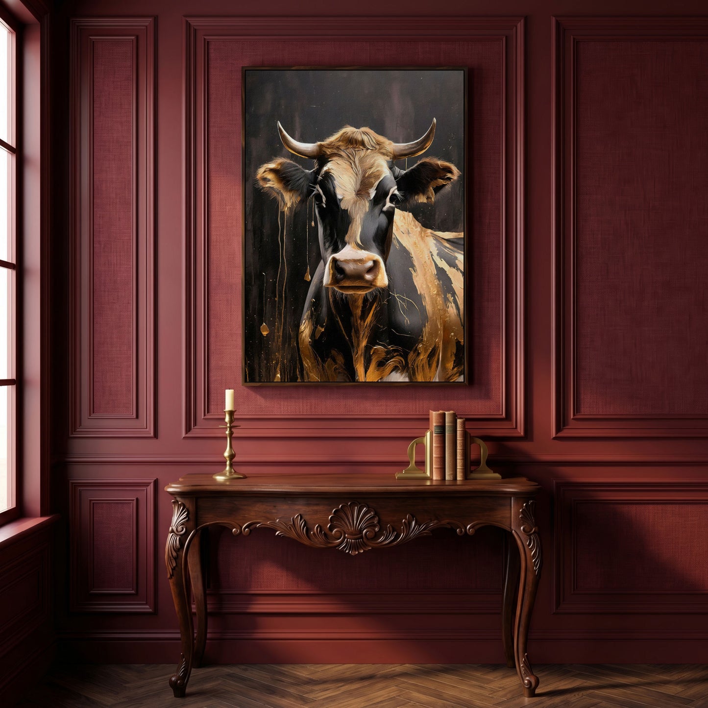 Gold Cow Portrait Canvas | Modern Abstract Animal Art in dark walnut floating frame