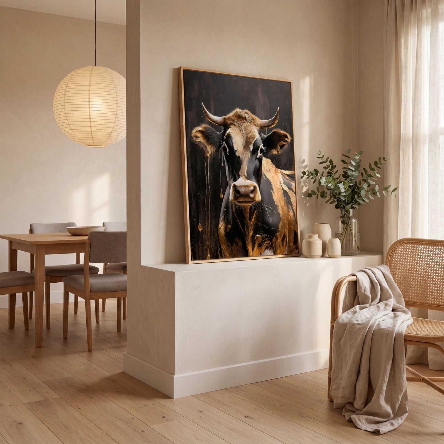 Gold Cow Portrait Canvas | Modern Abstract Animal Art in white oak floating frame