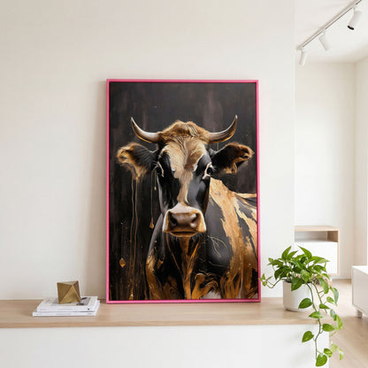 Gold Cow Portrait Canvas | Modern Abstract Animal Art in pink floating frame