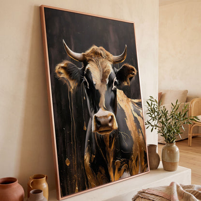 Gold Cow Portrait Canvas | Modern Abstract Animal Art in rose gold floating frame