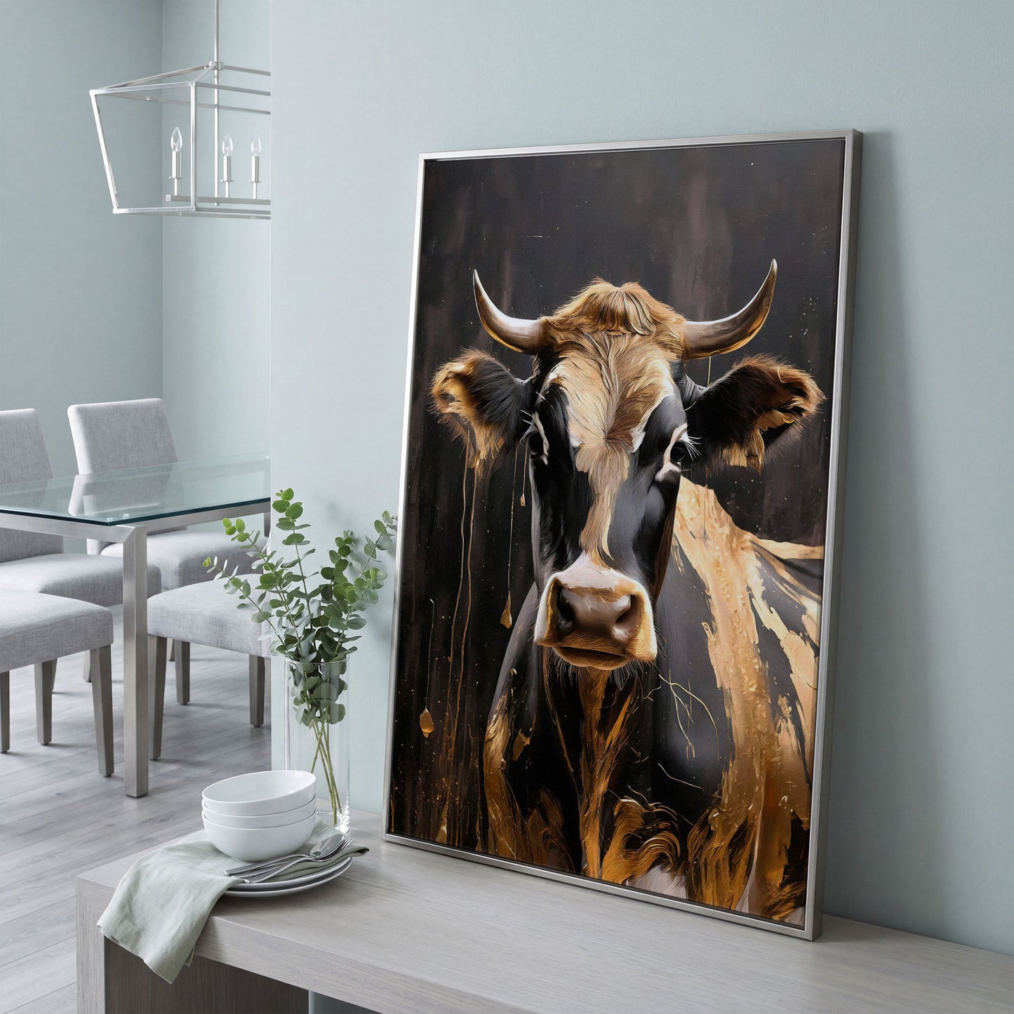 Gold Cow Portrait Canvas | Modern Abstract Animal Art in silver floating frame