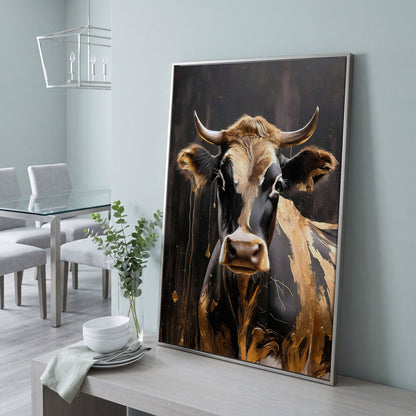 Gold Cow Portrait Canvas | Modern Abstract Animal Art in silver floating frame