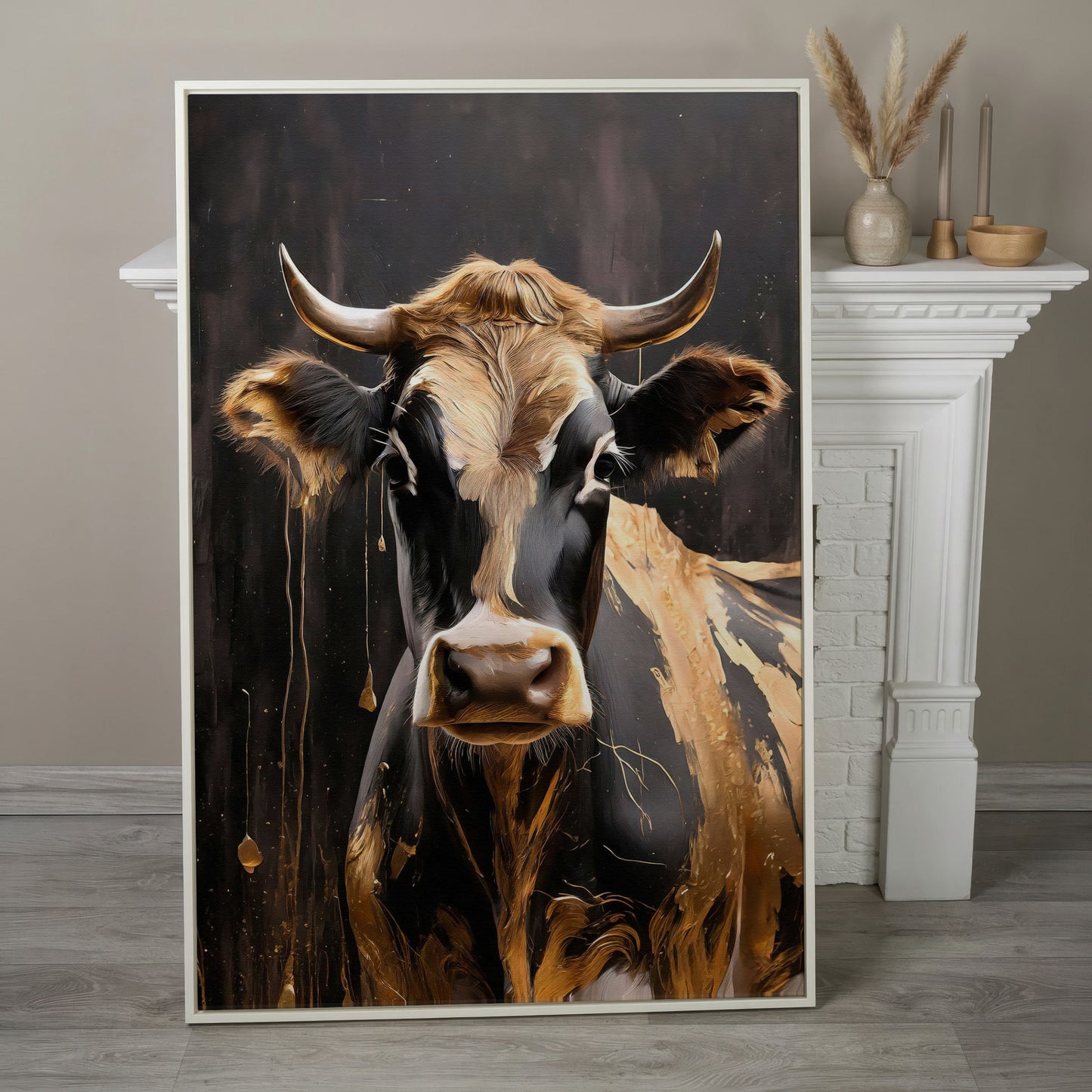 Gold Cow Portrait Canvas | Modern Abstract Animal Art in white floating frame