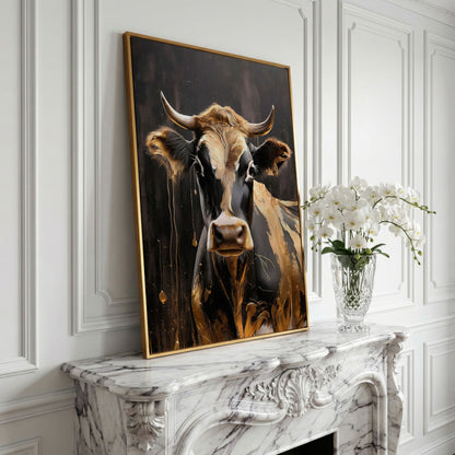 Gold Cow Portrait Canvas | Modern Abstract Animal Art in yellow gold floating frame