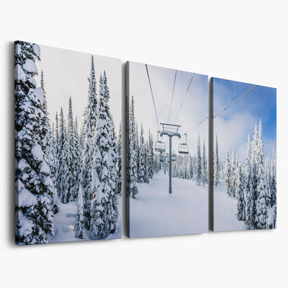 Snowy Ski Lift and Pine Trees Canvas as 3-panel split version