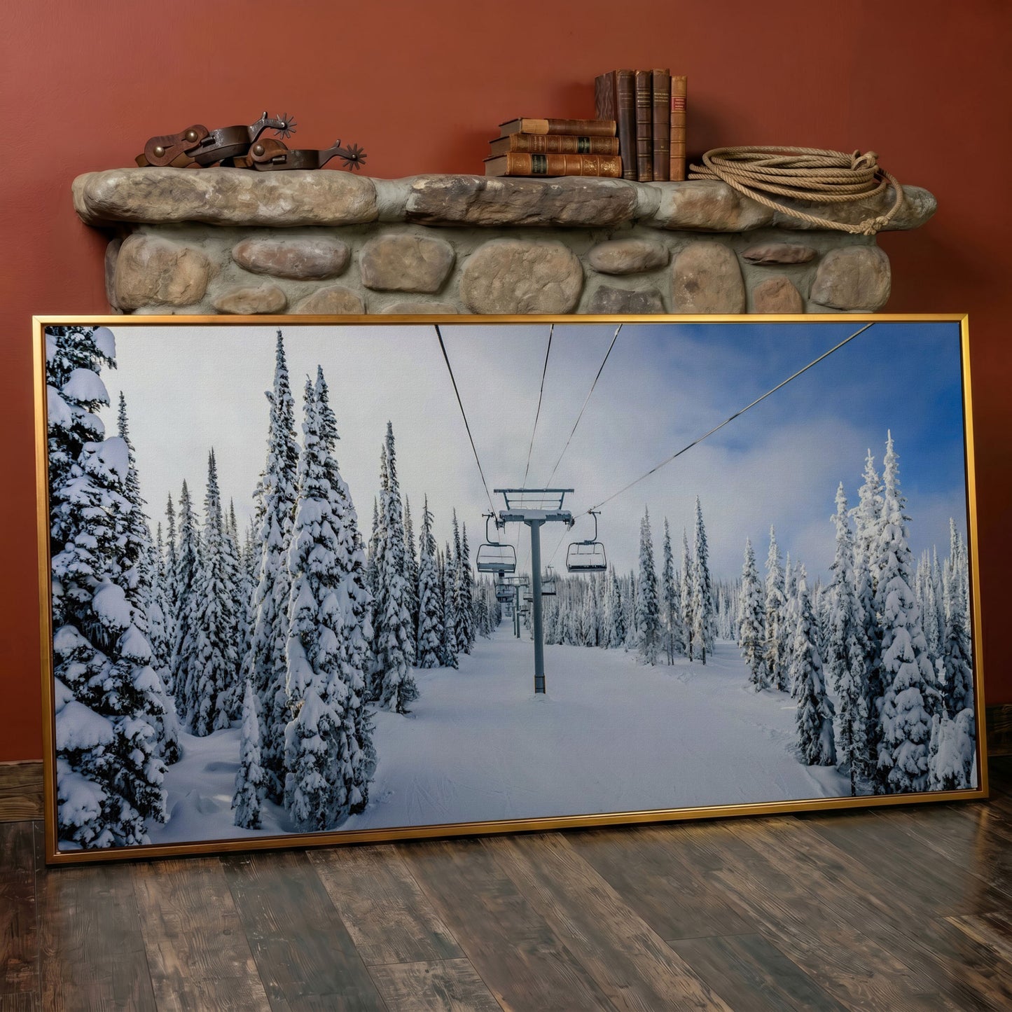 Snowy Ski Lift and Pine Trees Canvas in antique gold floating frame