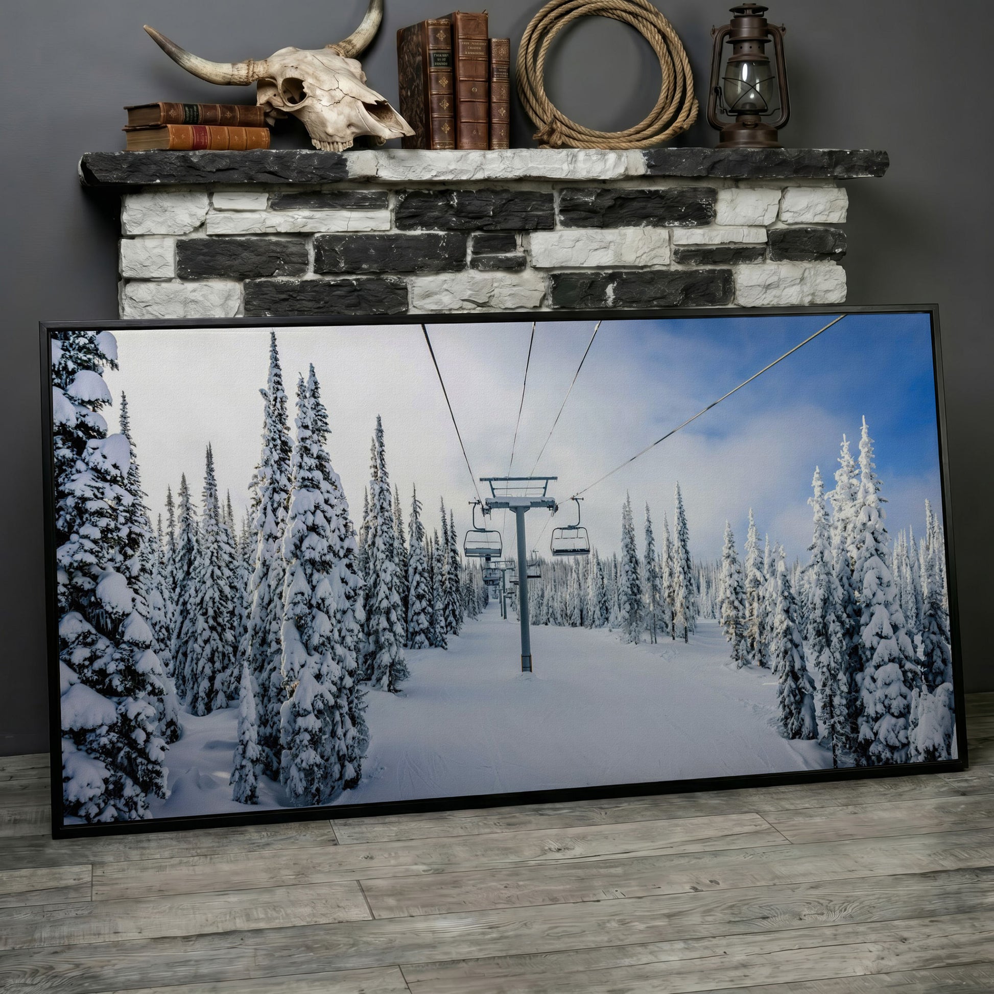 Snowy Ski Lift and Pine Trees Canvas in black floating frame