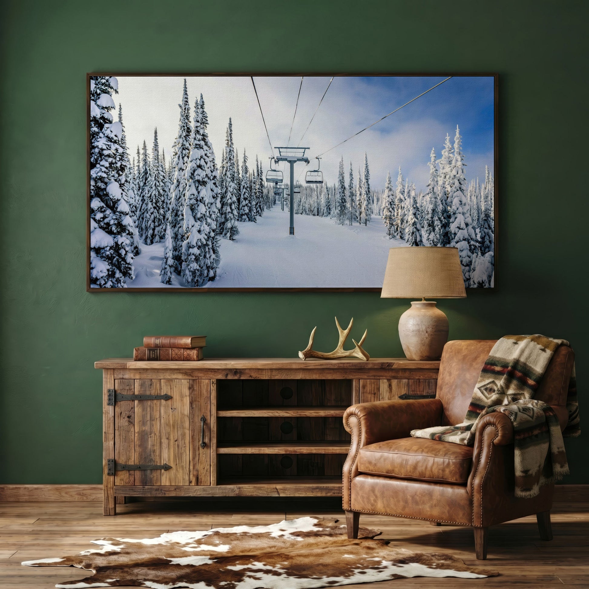 Snowy Ski Lift and Pine Trees Canvas in dark walnut floating frame