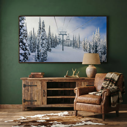 Snowy Ski Lift and Pine Trees Canvas in dark walnut floating frame