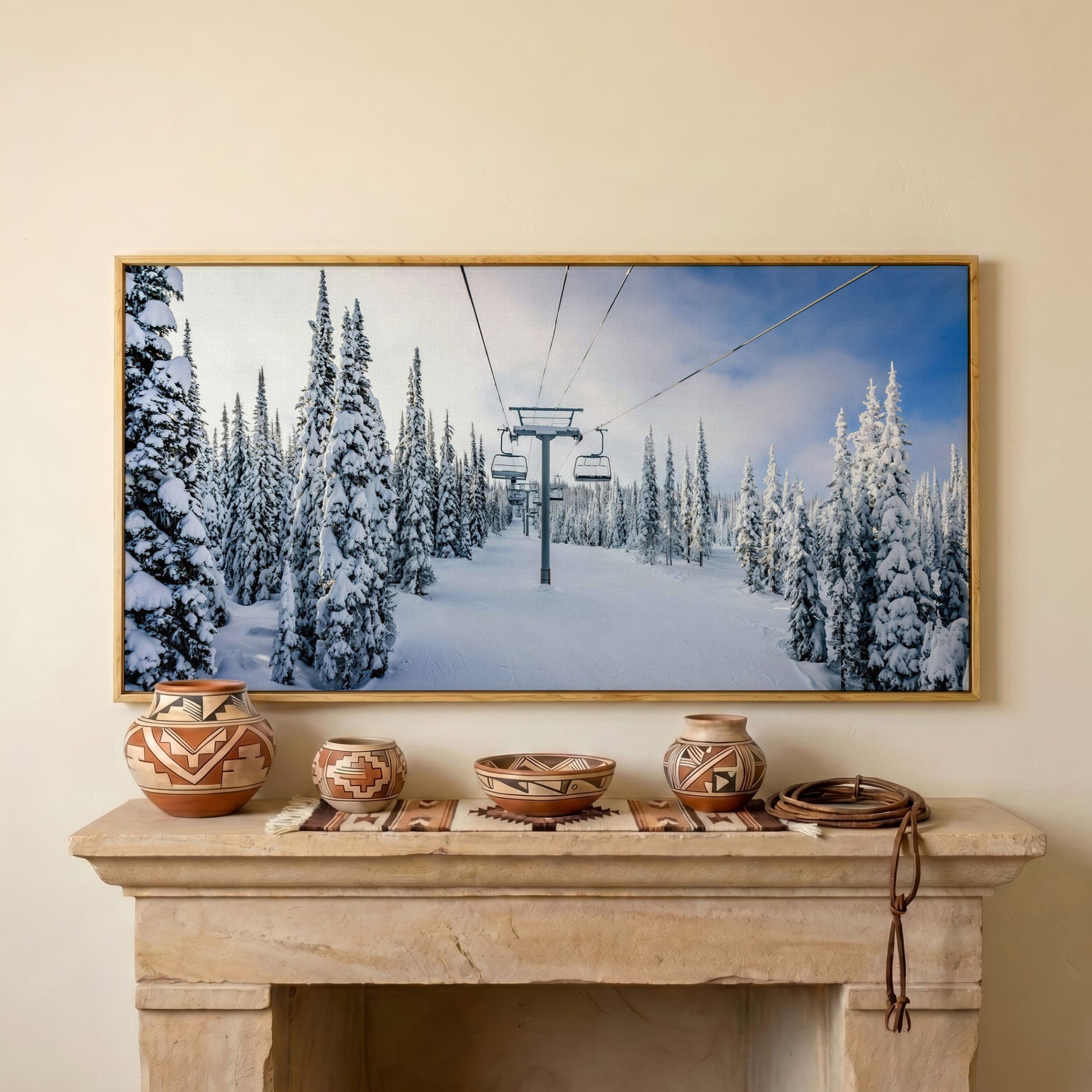 Snowy Ski Lift and Pine Trees Canvas in white oak floating frame