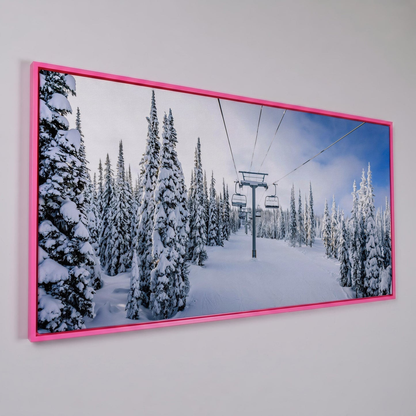 Snowy Ski Lift and Pine Trees Canvas in pink floating frame