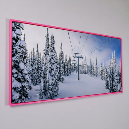 Snowy Ski Lift and Pine Trees Canvas in pink floating frame