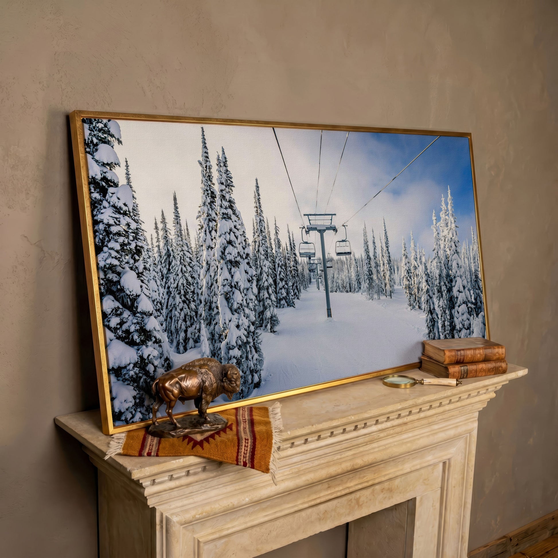 Snowy Ski Lift and Pine Trees Canvas in rose gold floating frame