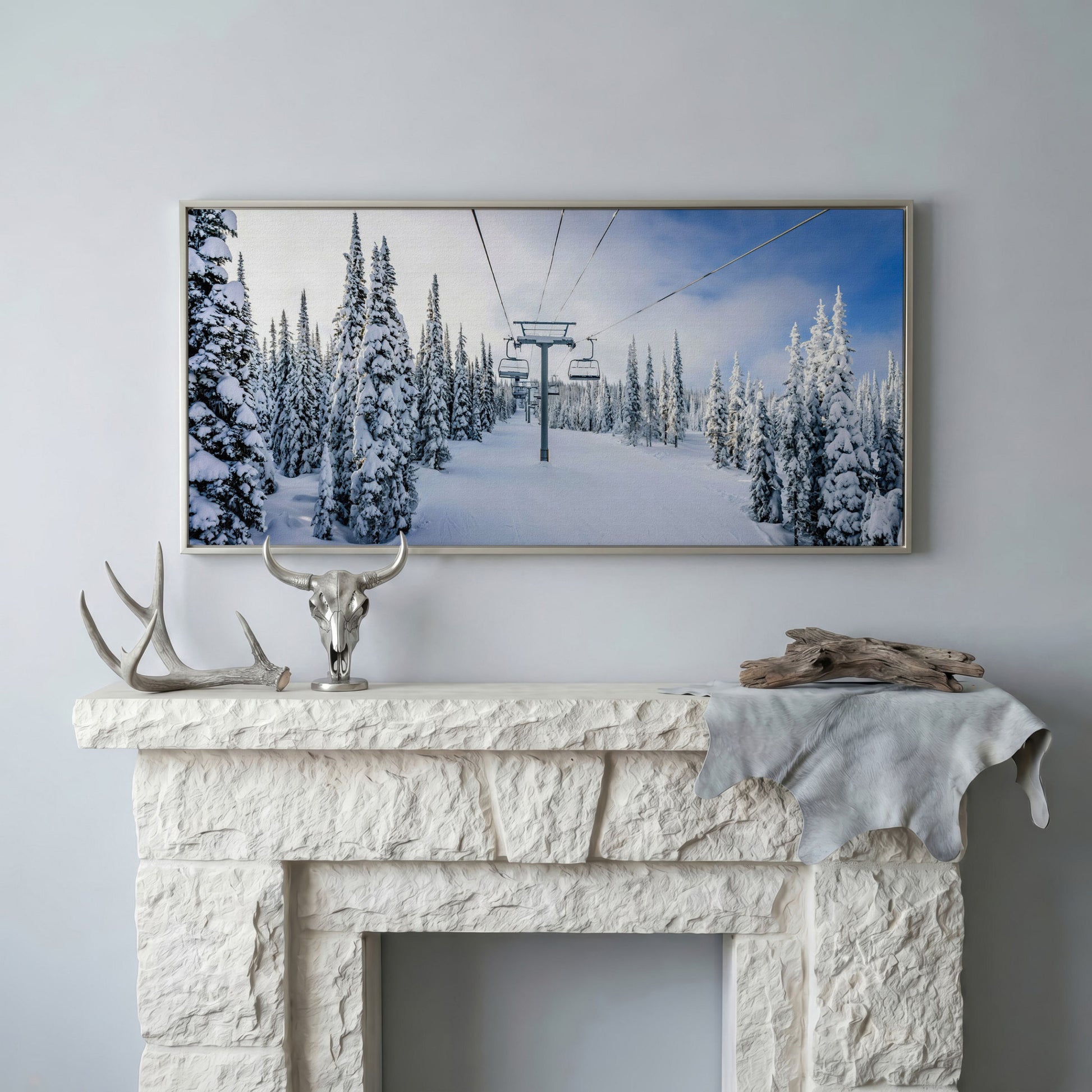 Snowy Ski Lift and Pine Trees Canvas in silver floating frame
