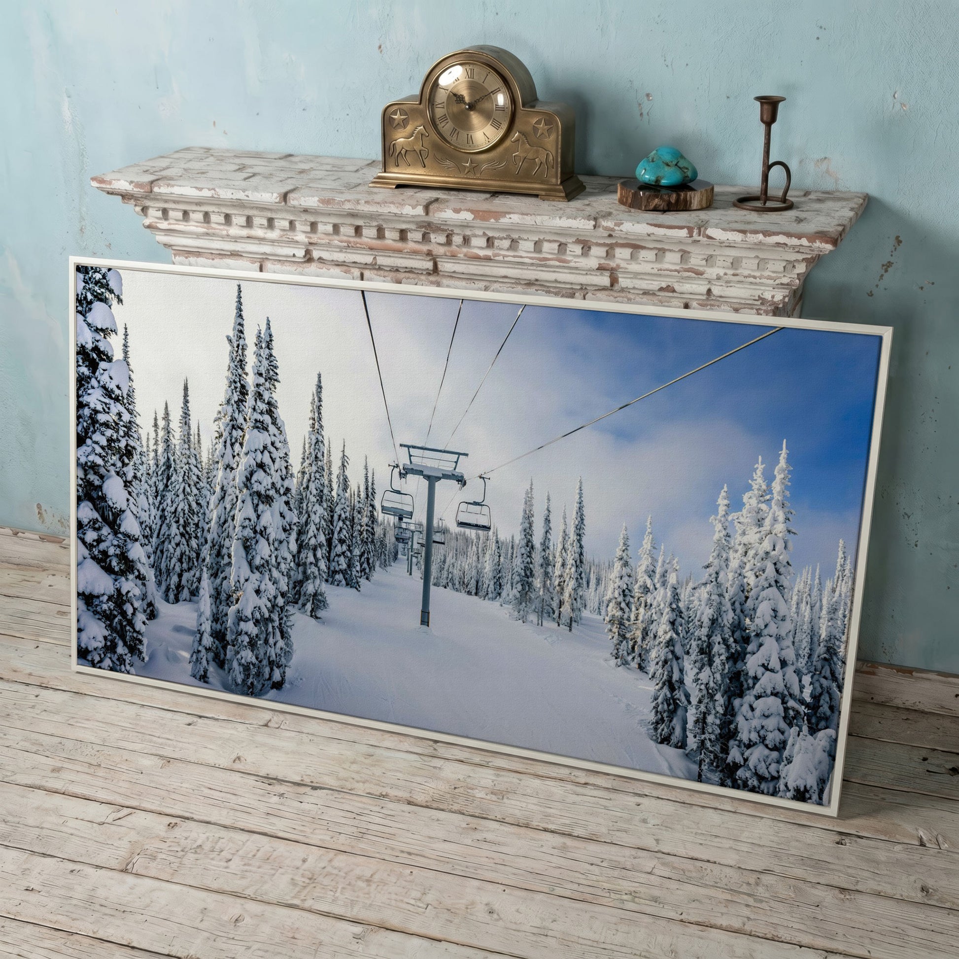 Snowy Ski Lift and Pine Trees Canvas in white floating frame
