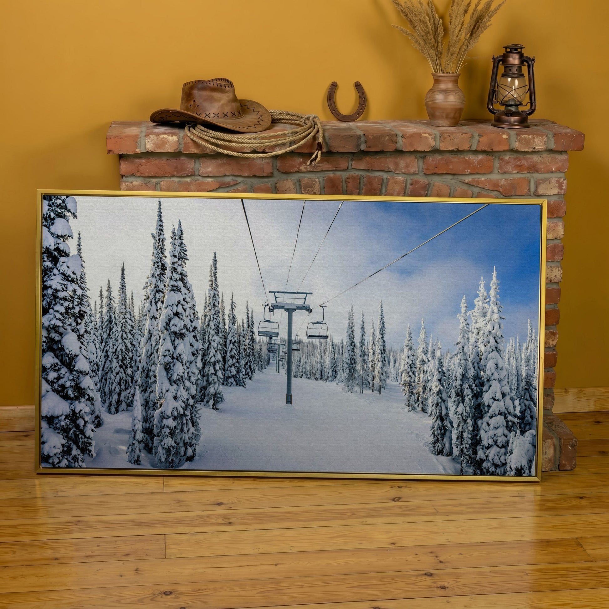 Snowy Ski Lift and Pine Trees Canvas in yellow gold floating frame
